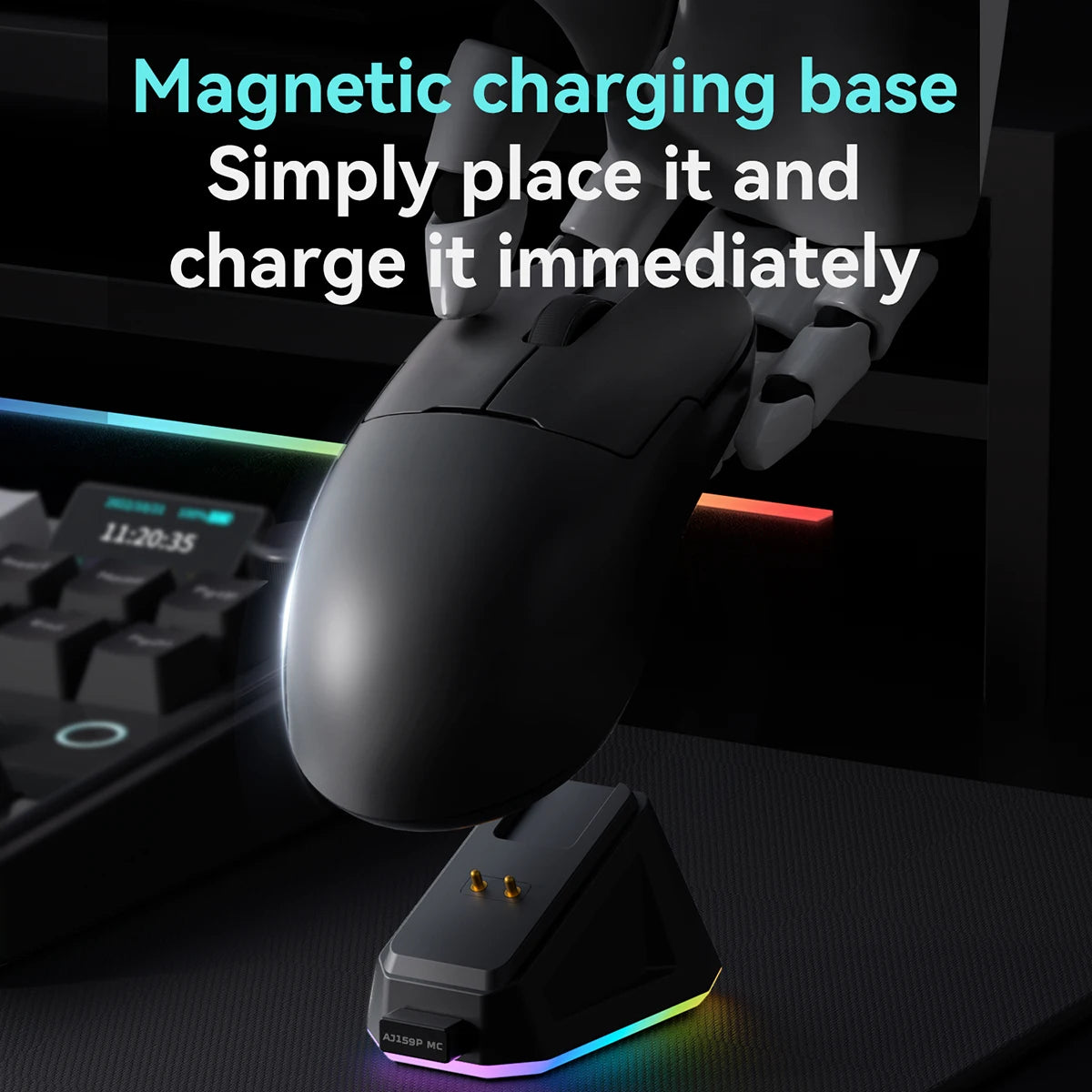AJAZZ AJ159P MC Wireless Gaming Mouse features a magnetic charging dock, a PAW 3311 sensor, a 1000Hz polling rate, and a 400mAh battery—say goodbye to battery anxiety