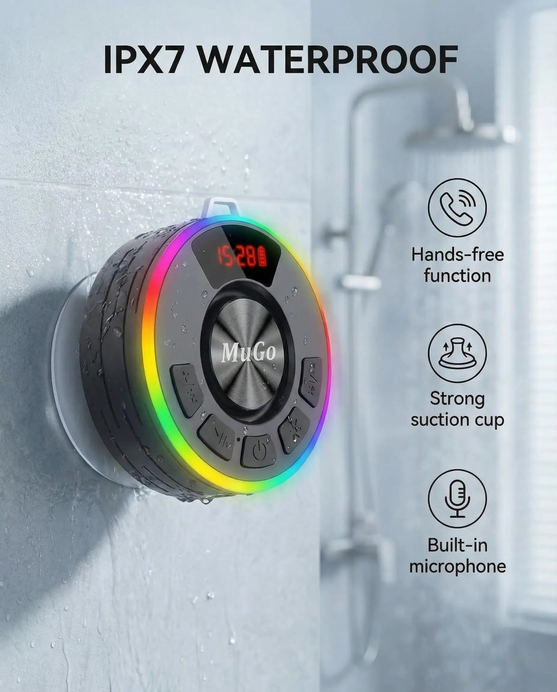 IPX7 Waterproof Floating Bluetooth Speaker | 360° Surround Sound + RGB Light Show | 10H Playtime | BT 5.3 | Built-in Mic | Detachable Suction Cup | Portable for Shower Beach Pool.