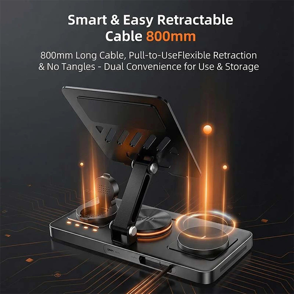 5-in-1 Foldable Wireless Charging Station 60W Fast Charger Desktop Dock with Retractable Cable & Metal Tablet Stand