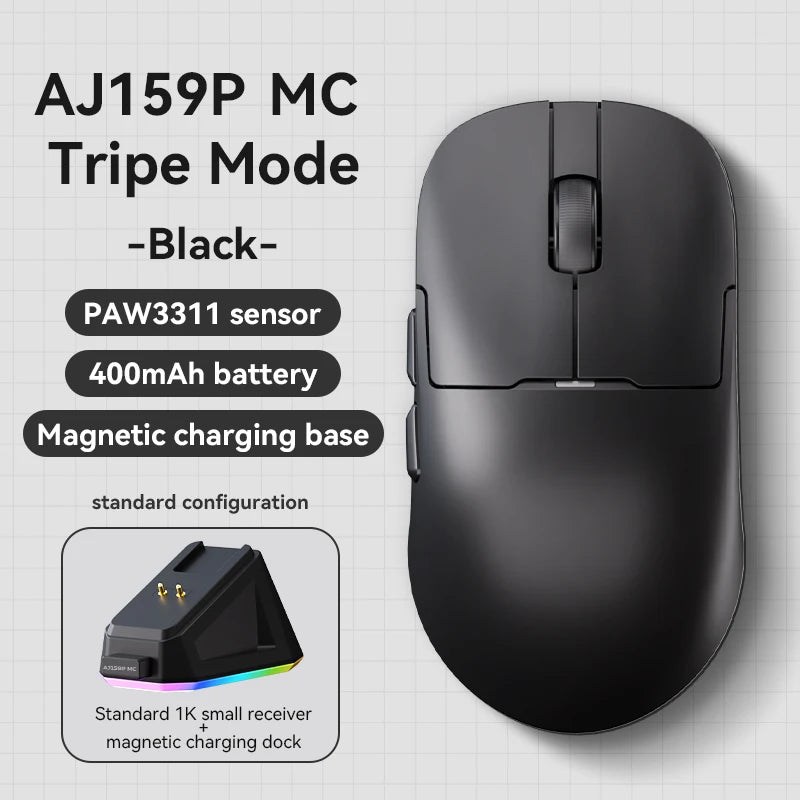 AJAZZ AJ159P MC Wireless Gaming Mouse features a magnetic charging dock, a PAW 3311 sensor, a 1000Hz polling rate, and a 400mAh battery—say goodbye to battery anxiety