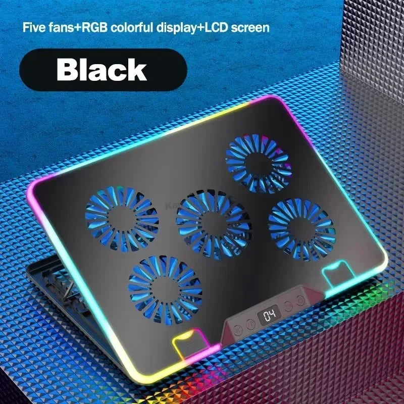F36 Gaming Laptop Cooling Pad w/ 5 Fan Dual USB LED Screen Laptop Notebook Cooler Stand for 11-17.3'' 7 Angle Adjustable Bracket