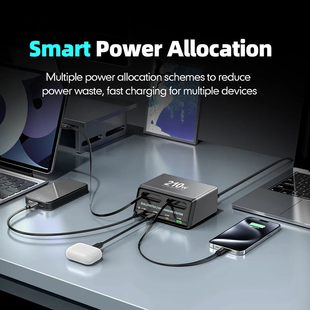 210W GaN Charger PD USB Type C PPS Fast Charging Station with Retractable Cable for iPhone 16 17 Samsung Mobile Phones Tablets