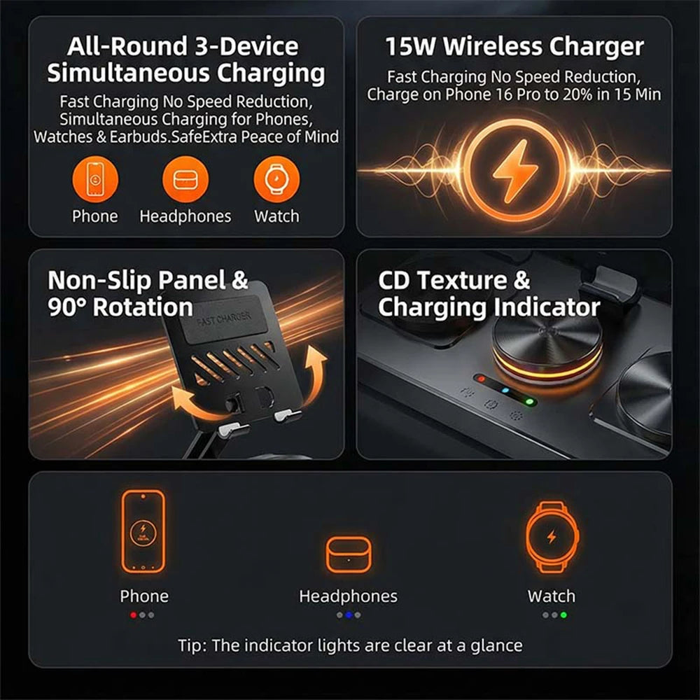 5-in-1 Foldable Wireless Charging Station 60W Fast Charger Desktop Dock with Retractable Cable & Metal Tablet Stand