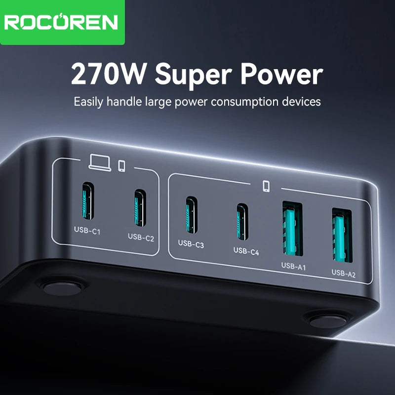 Rocoren 200W GaN Charger PD Fast Charging USB Type C Charger 270W 6 in 1 USBC Power Station For iPhone 16 15 Pro Max Xiaomi 14