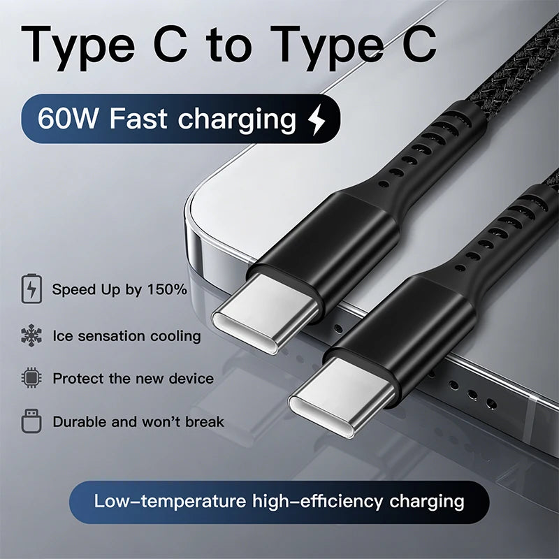 60w USB C to Type C Data Cable for Samsung S26 Xiaomi Google Motorola Iphone 17 Fast Charging Cord Nylon Braided Charger Wire