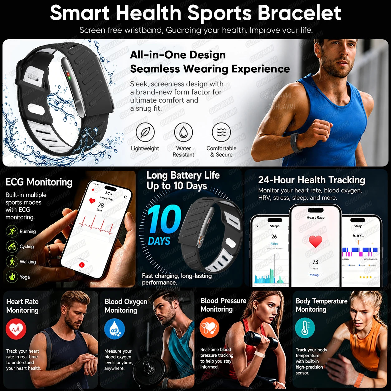 GUHUAVMI New ECG+PPG Health Smart Bracelet Heart Rate Blood Pressure Sleep Monitor SMS Call Reminder Fitness Tracker Smartwatchs