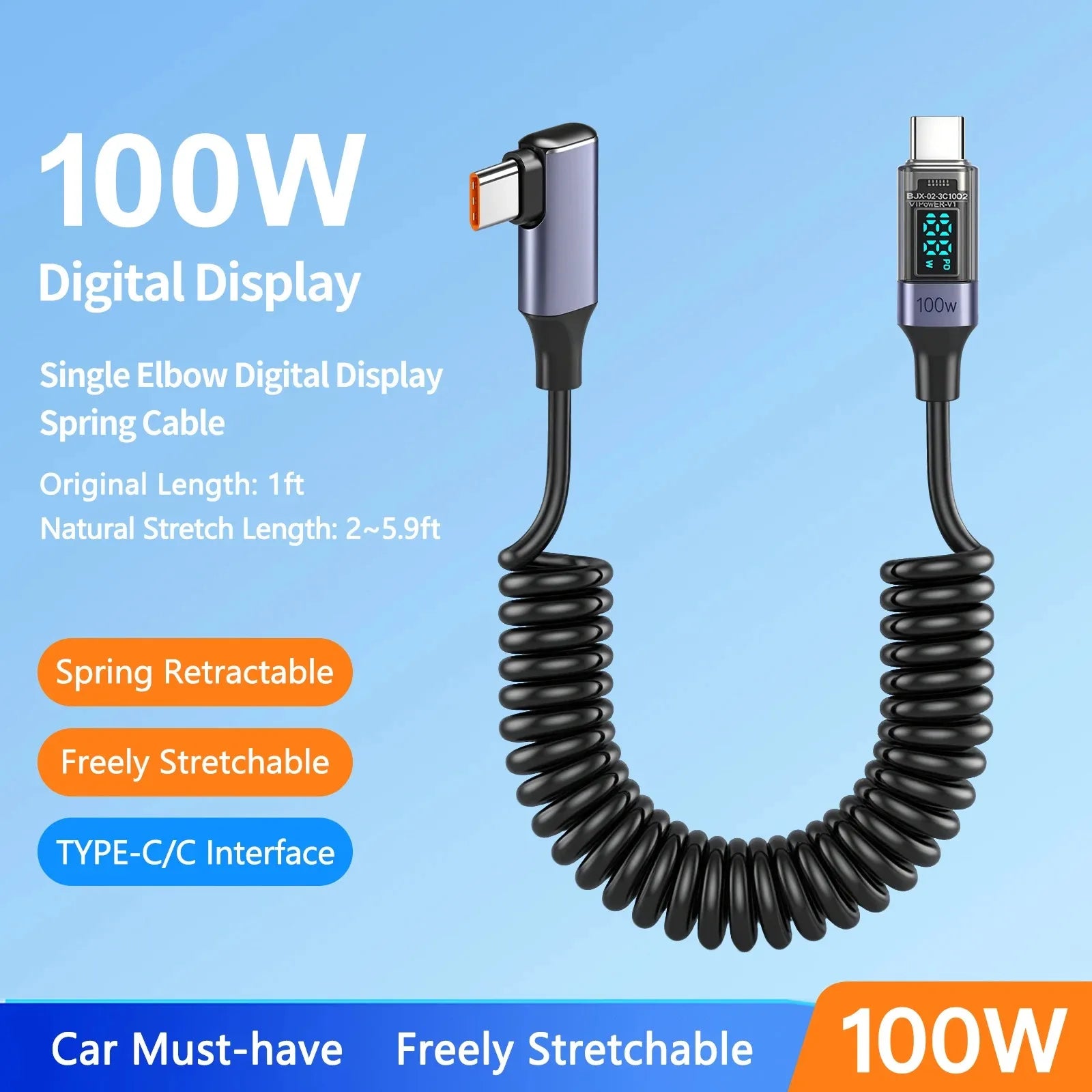 PD100W Right Angle USB C to Type C Coiled Fast Charging Cable LED Digital Display Charger Cord for iPhone 17/16/15 Samsung