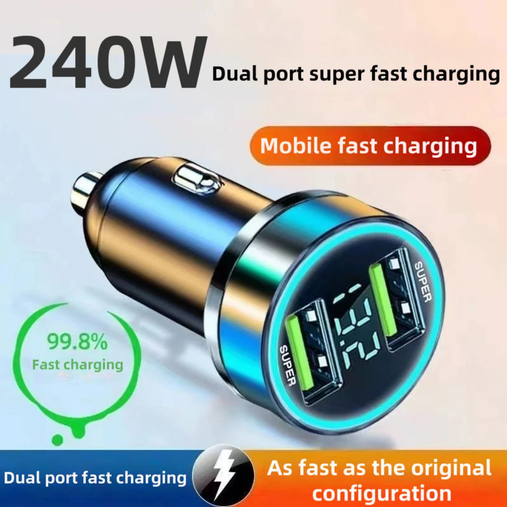 Fast charging car charger, 240W 2-port USB adapter with digital screen and ambient light, ignition and start system charger