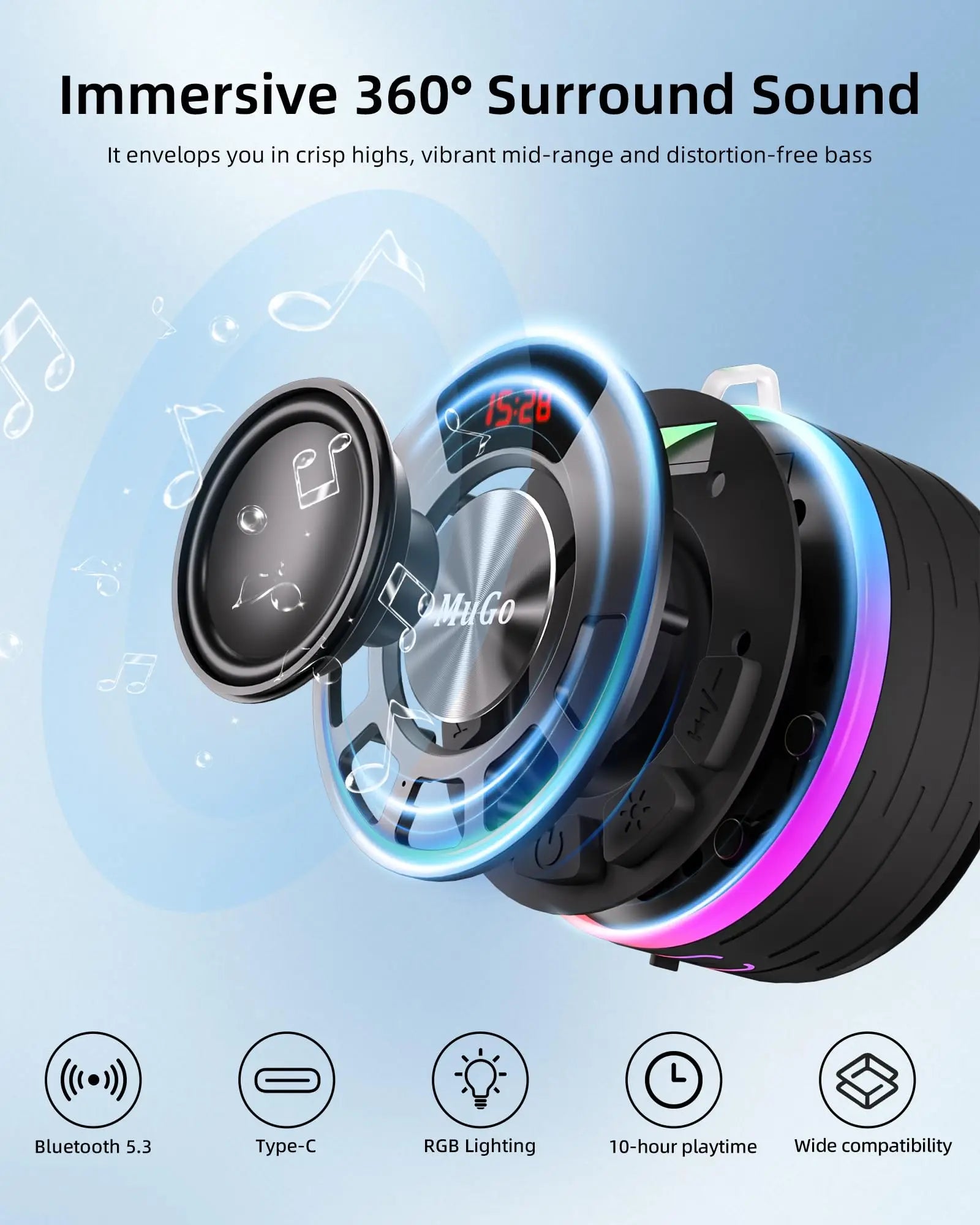 IPX7 Waterproof Floating Bluetooth Speaker | 360° Surround Sound + RGB Light Show | 10H Playtime | BT 5.3 | Built-in Mic | Detachable Suction Cup | Portable for Shower Beach Pool.