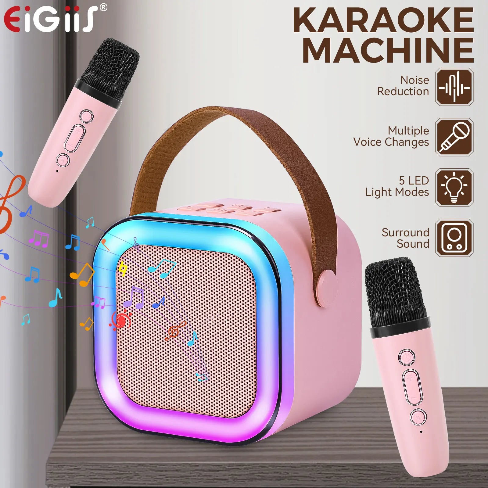 EIGIIS Portable Karaoke Bluetooth 5.3 Speaker Machine PA System with 2 Wireless Microphones Home Family Singing Children's Gifts