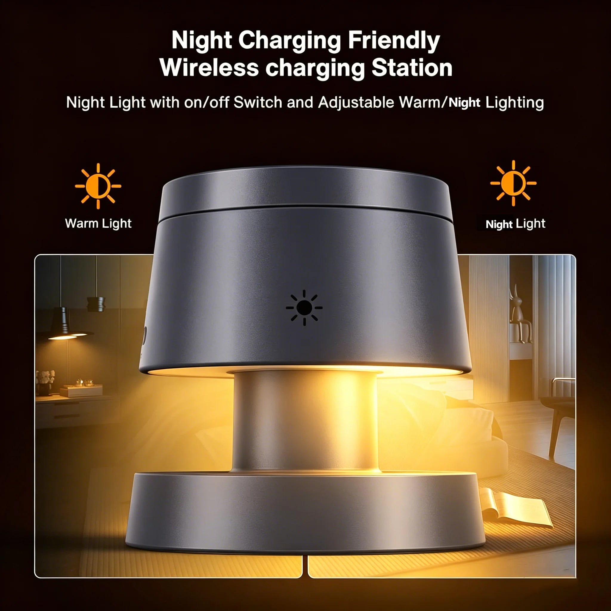 TIMESS Night Light Mashroom Wireless Charger For IPhone 17 16 15 14 13 12 PRO MAX FOR Apple Watch Series Ultra 11 10 9 8 7 6 5 4 2 For Airpods 3 2 Pro Charging Station Stand Pads 3 in 1 Ambient Light Small Size Strong Magnrti