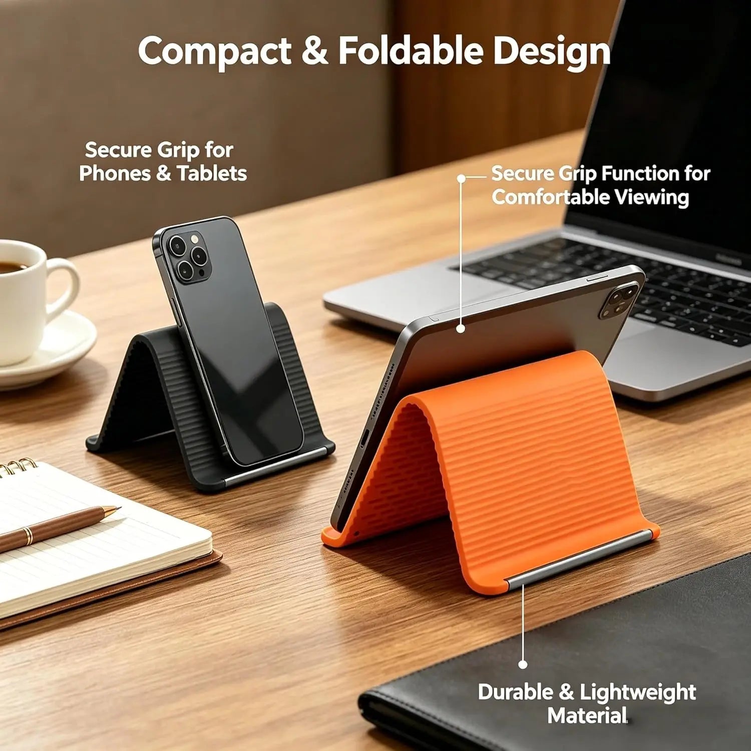 Silicone Phone Stand with Aluminum, Flexible Foldable Phone Holder, Bendable Adjustable Anti-Slip Desktop Stand for Phone Tablet Laptop, Portable Rollable Multi-Angle Stand for Home (Black)