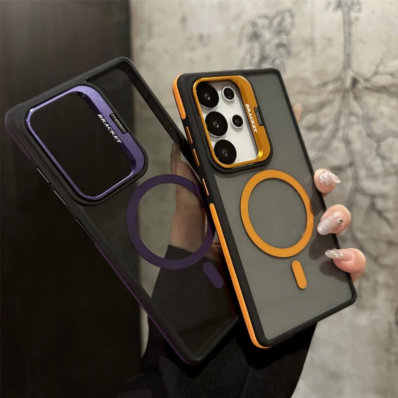 Luxury metal bracket dual-color magnetic shock-absorbing protective case for Samsung S25 S24 S22 S23 FE Ultra Plus Hard shell