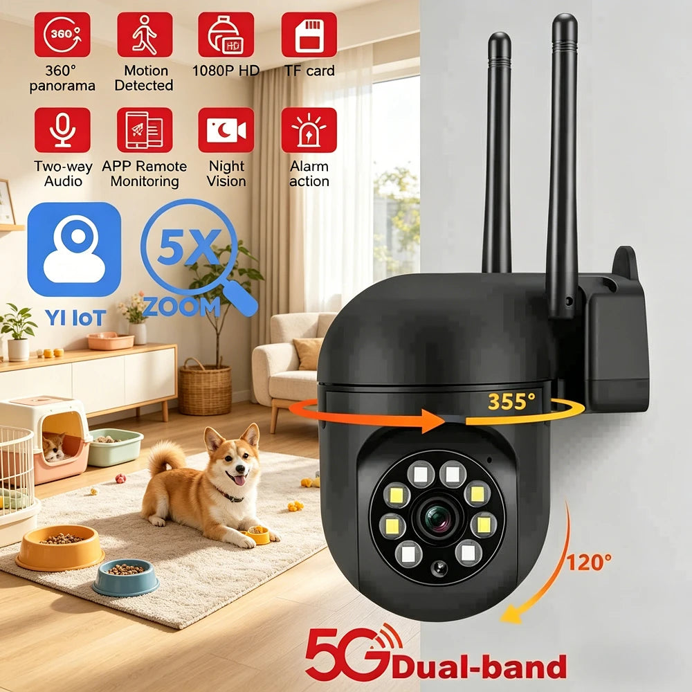 Indoor PTZ Camera 1080P Dual Band 2.4G/5G WiFi Full Color Night Vision Two Way Audio AI Motion Detection Home Security Cam