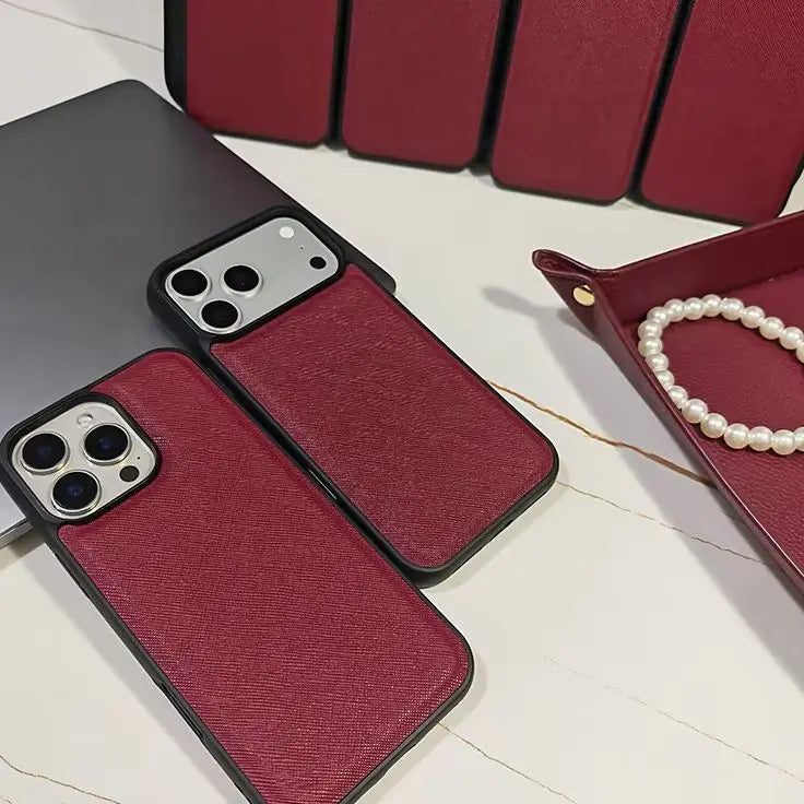 burgundy Fashion Saffiano Leather Business Phone Case for iPhone 17 16 15 14 13 Pro Max Elegant Shockproof Bumper Cover