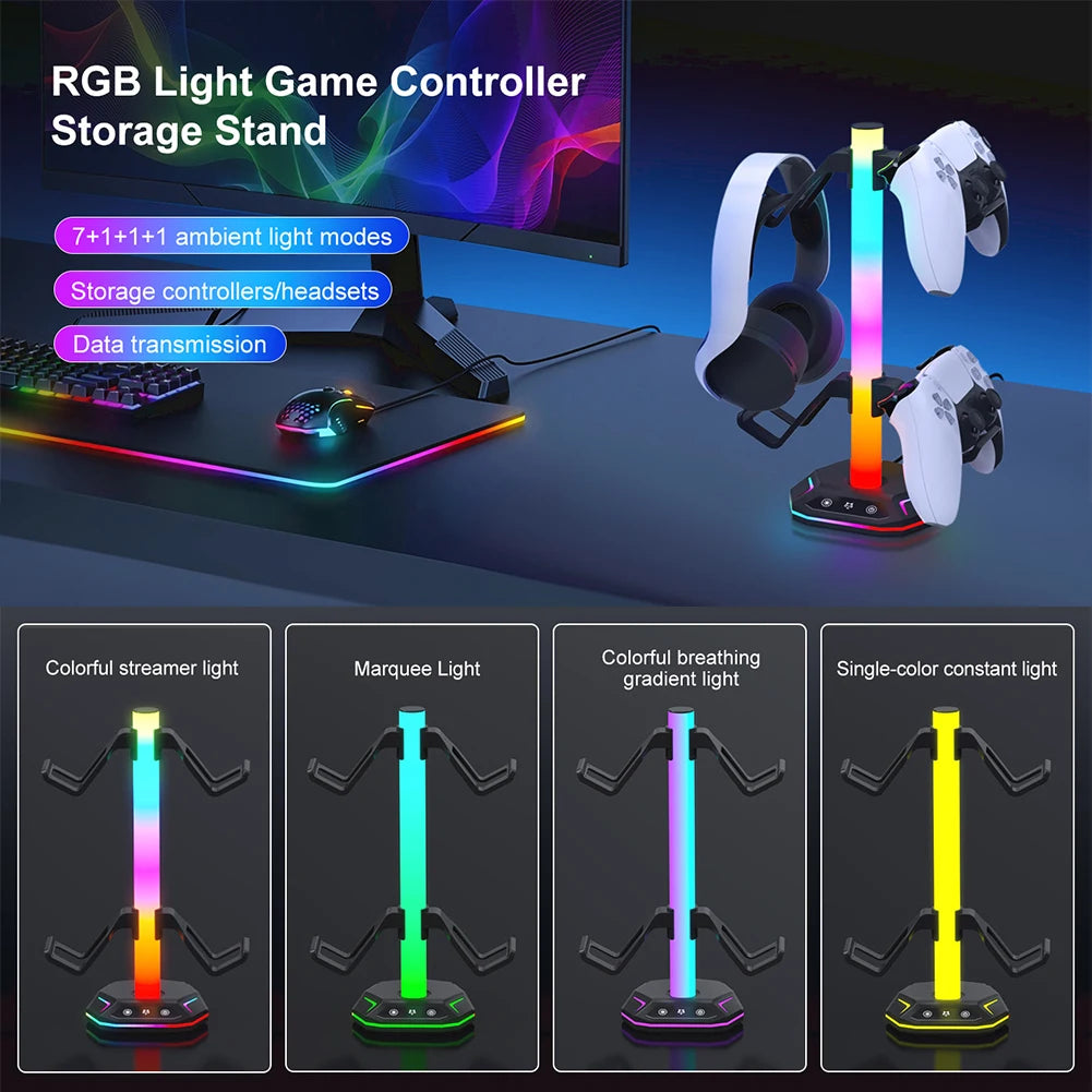 RGB Headset Stand 9 Light Modes Controller Holder  w/ USB +Type C Charging +USB Data Ports for Desk for PS5/PS4/Xbox/Switch Pro