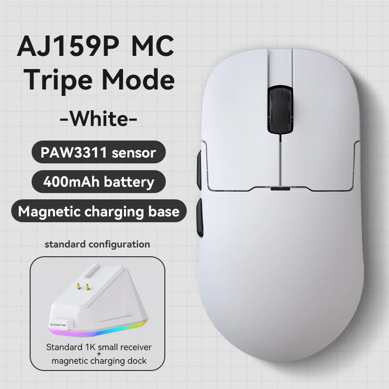 AJAZZ AJ159P MC Wireless Gaming Mouse features a magnetic charging dock, a PAW 3311 sensor, a 1000Hz polling rate, and a 400mAh battery—say goodbye to battery anxiety