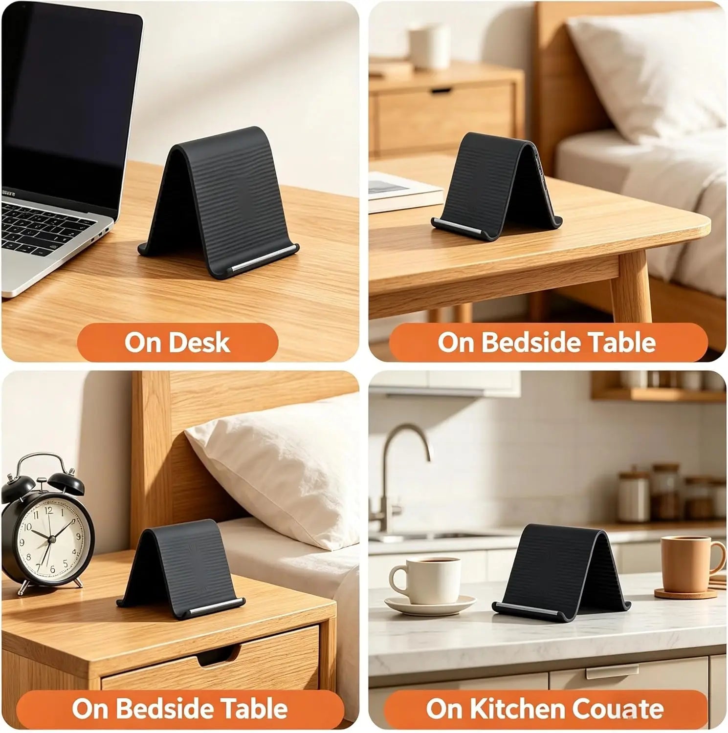 Silicone Phone Stand with Aluminum, Flexible Foldable Phone Holder, Bendable Adjustable Anti-Slip Desktop Stand for Phone Tablet Laptop, Portable Rollable Multi-Angle Stand for Home (Black)