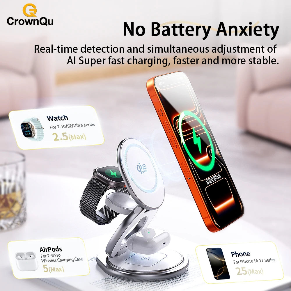 Qi2.2 25W Metal Magnetic Wireless Charger Fast Charging Station 360° Rotation Foldable for iPhone 17 16 15 Watch Airpods  3 in 1