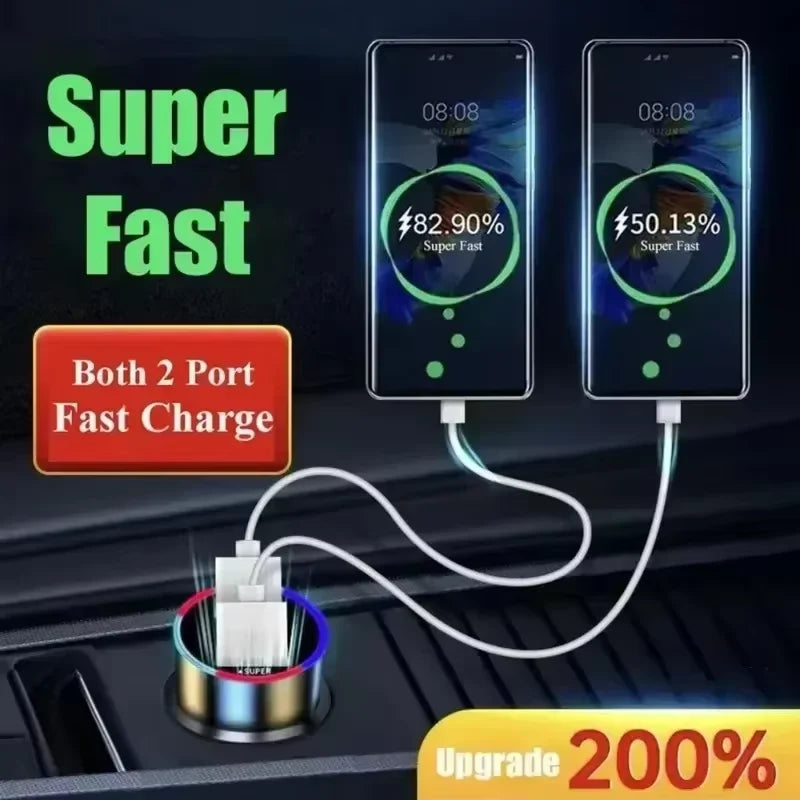 Fast charging car charger, 240W 2-port USB adapter with digital screen and ambient light, ignition and start system charger