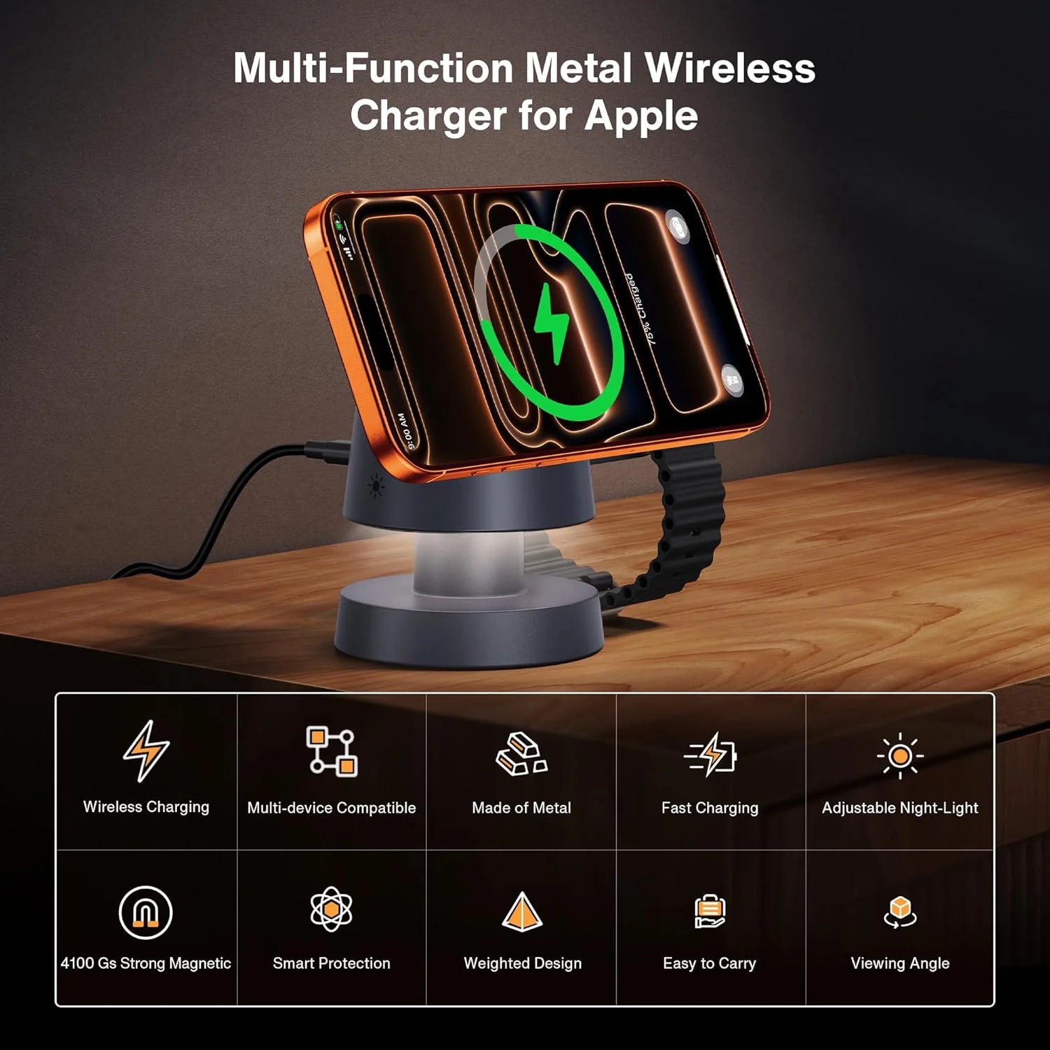 TIMESS Night Light Mashroom Wireless Charger For IPhone 17 16 15 14 13 12 PRO MAX FOR Apple Watch Series Ultra 11 10 9 8 7 6 5 4 2 For Airpods 3 2 Pro Charging Station Stand Pads 3 in 1 Ambient Light Small Size Strong Magnrti