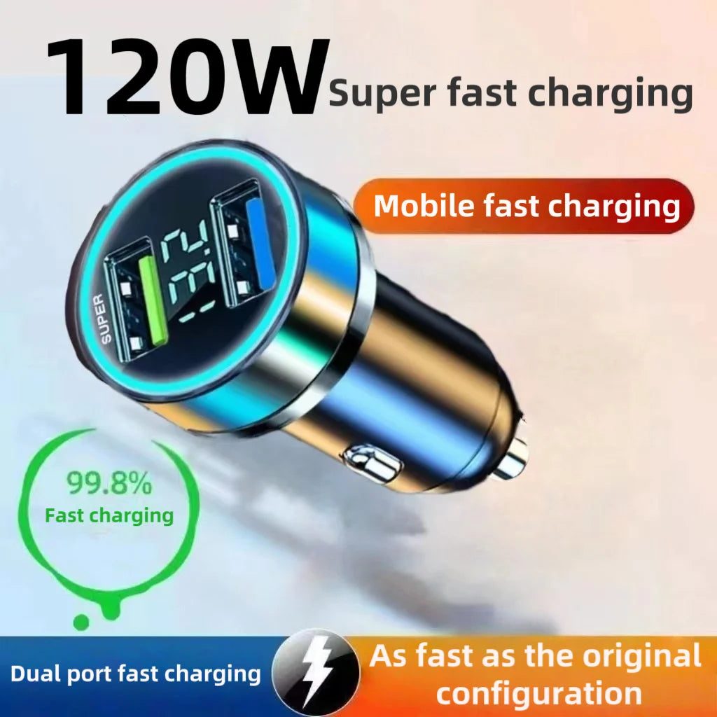Fast charging car charger, 240W 2-port USB adapter with digital screen and ambient light, ignition and start system charger