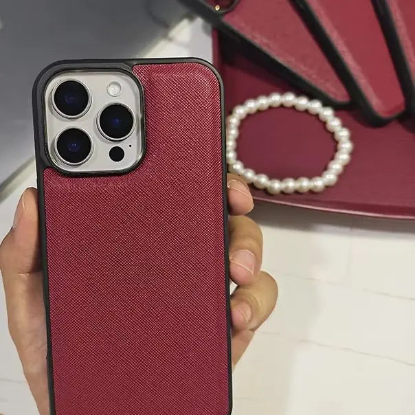 burgundy Fashion Saffiano Leather Business Phone Case for iPhone 17 16 15 14 13 Pro Max Elegant Shockproof Bumper Cover