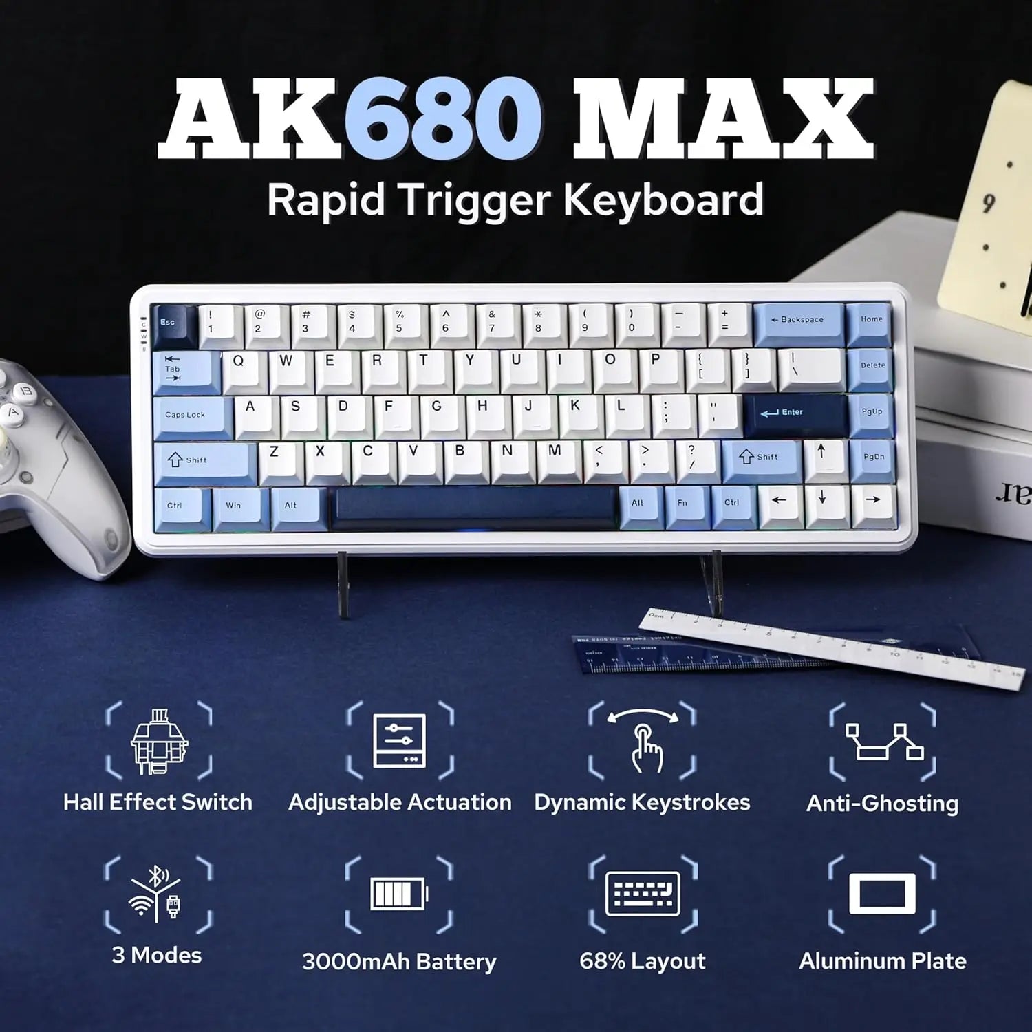 AJAZZ AK680 MAX 68 Keys Wired Gaming Keyboard, 8K/1K Switchable Polling Rate, Hall Magnetic Switch Rapid Trigger