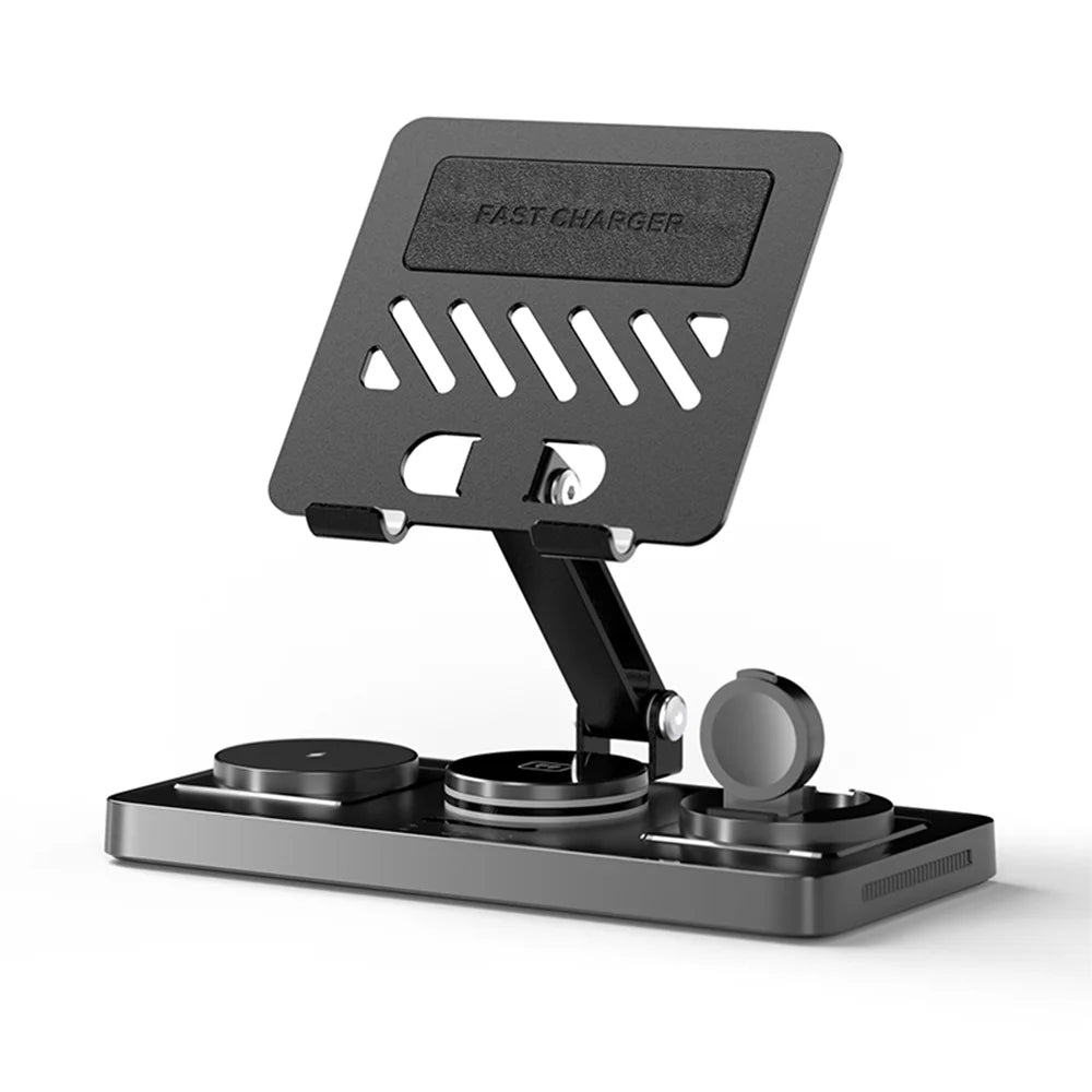5-in-1 Foldable Wireless Charging Station 60W Fast Charger Desktop Dock with Retractable Cable & Metal Tablet Stand