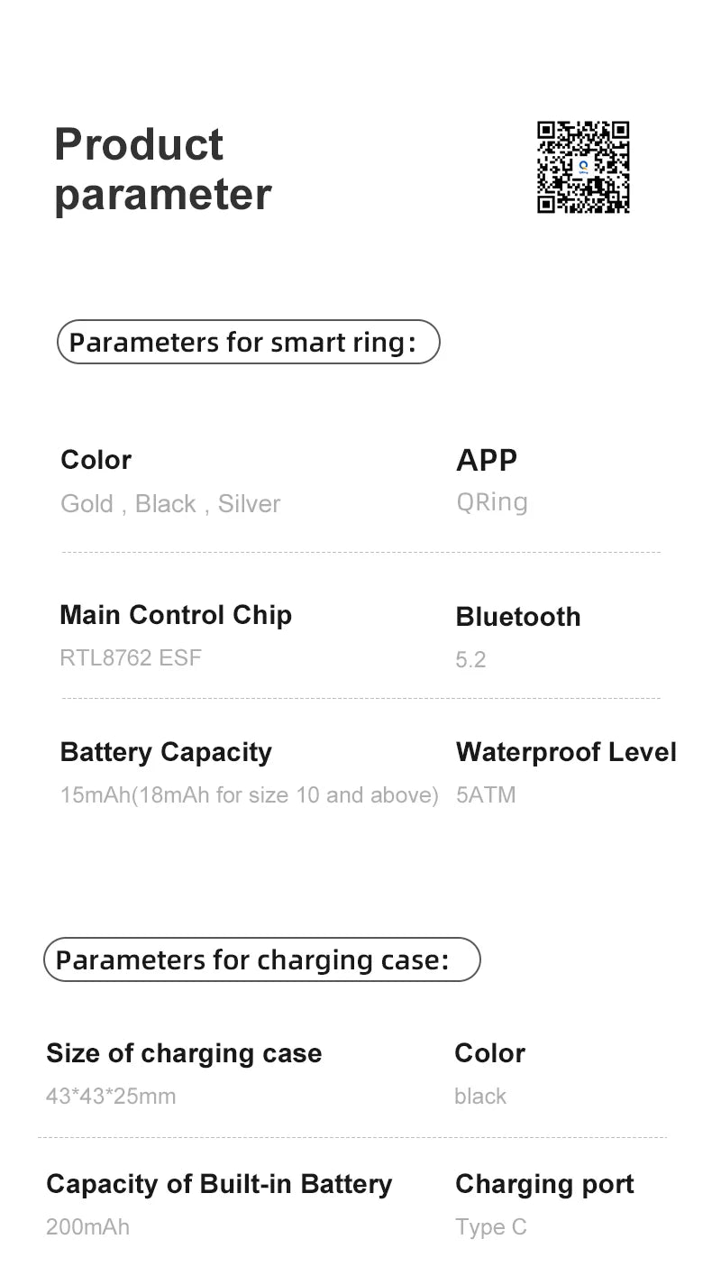 R09 Smart Health Ring with Portable Charging Case (5ATM Waterproof)