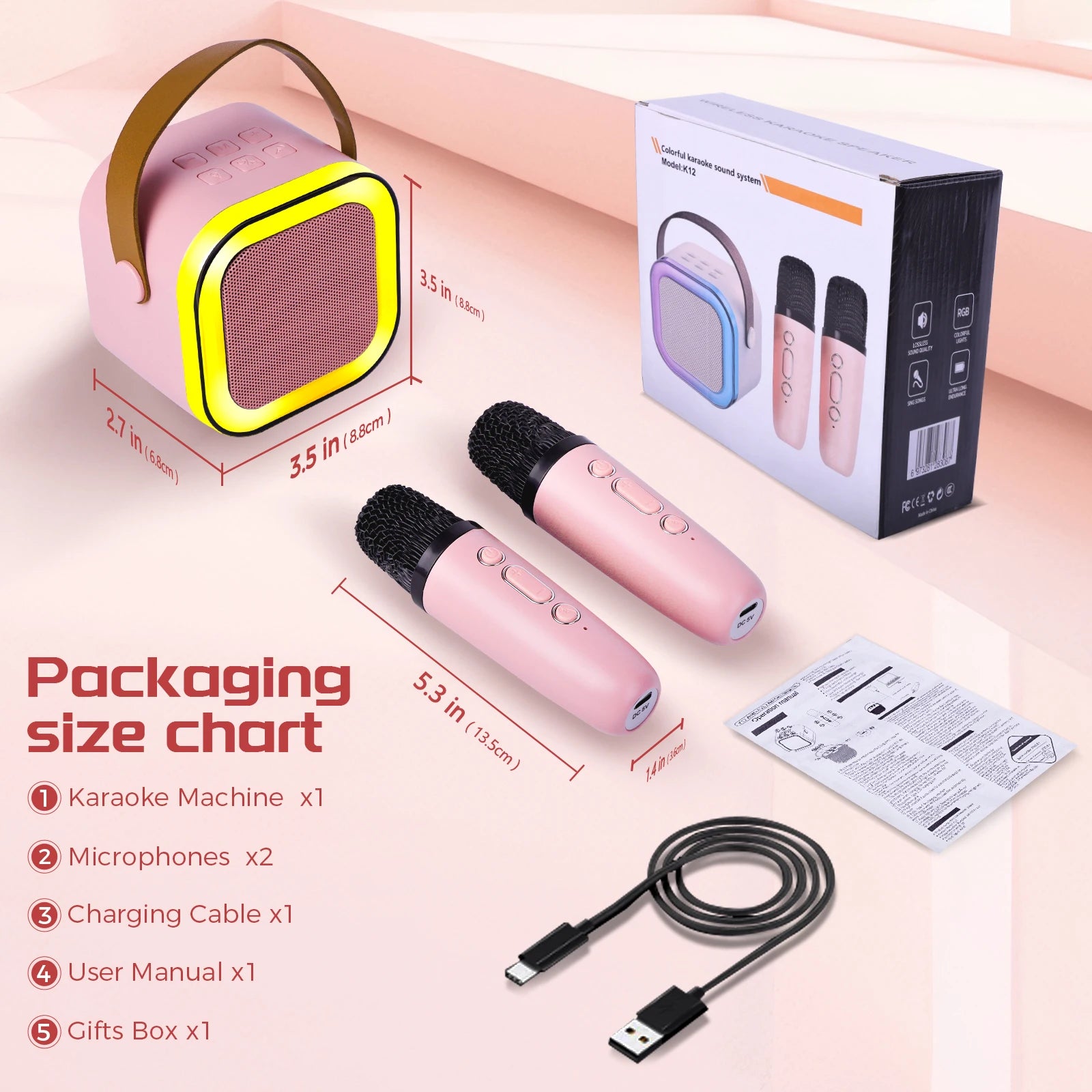 EIGIIS Portable Karaoke Bluetooth 5.3 Speaker Machine PA System with 2 Wireless Microphones Home Family Singing Children's Gifts