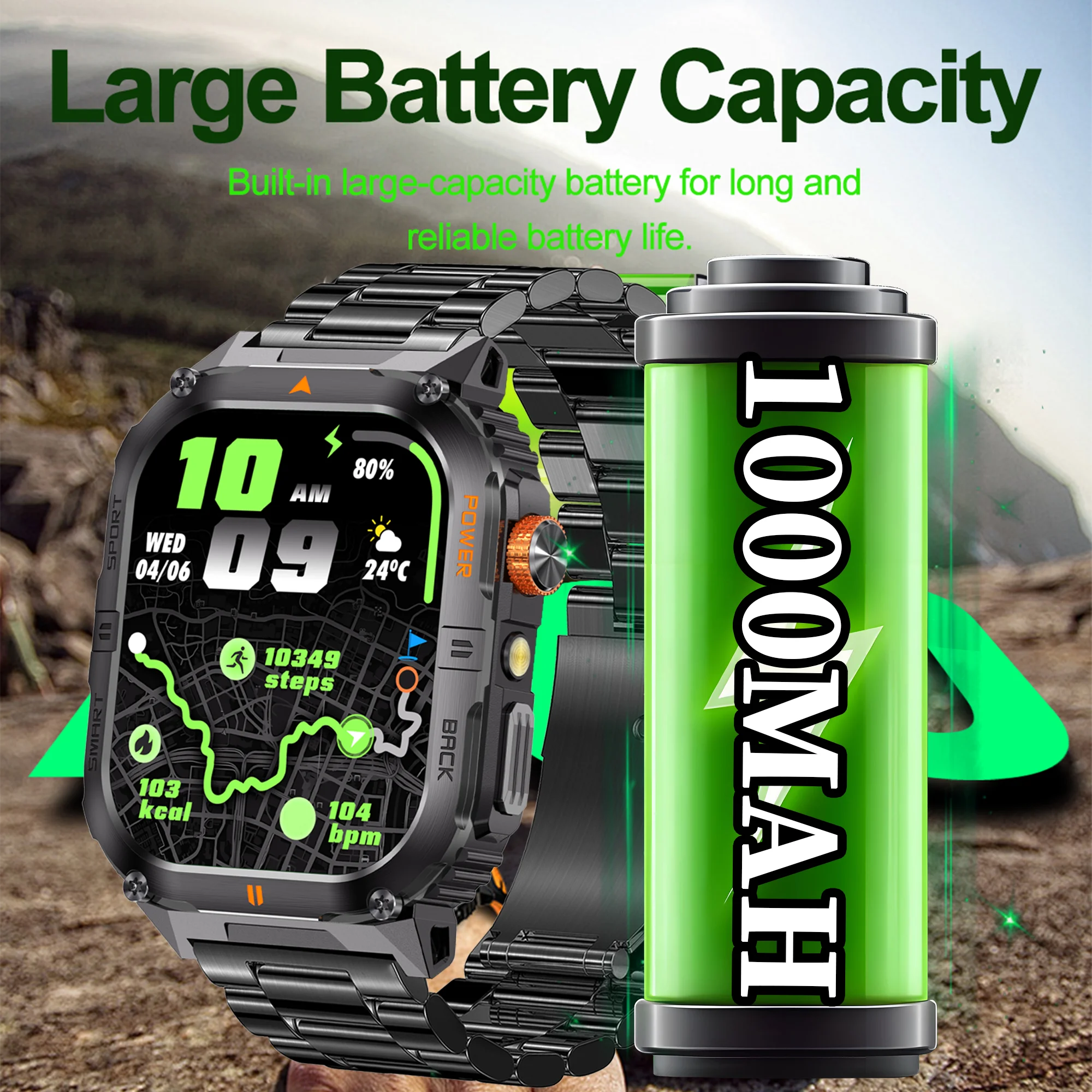 2026 1000mAh military outdoor smartwatch 2.01 inches LED flashlight IP68 waterproof Heart rate sleep Bluetooth call sport watch