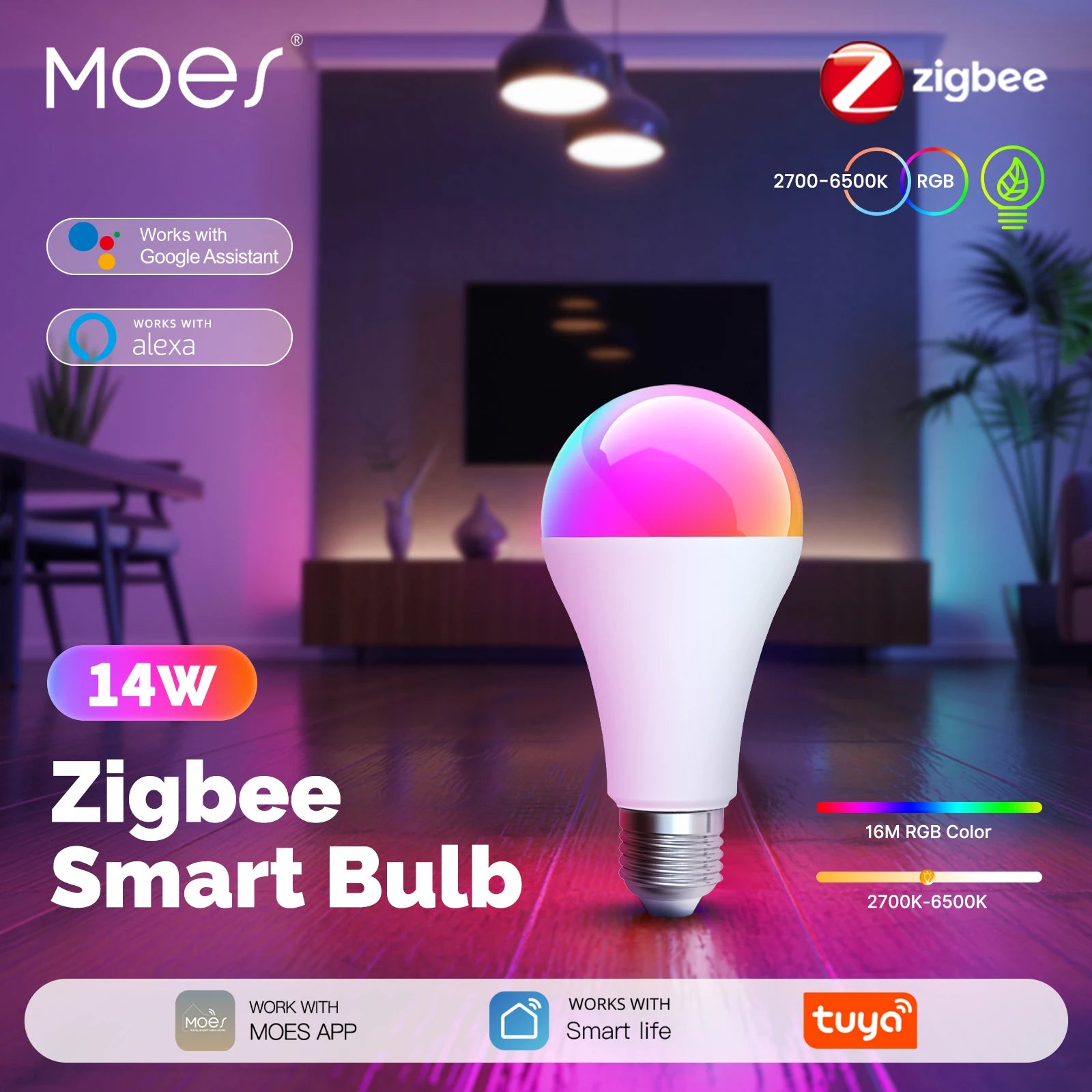 MOES Tuya Smart Zigbee LED Bulb 14W RGB C+W E27 Colors Dimmable 2700K-6500K Smart Life App Adjustable Control Alexa Google Home