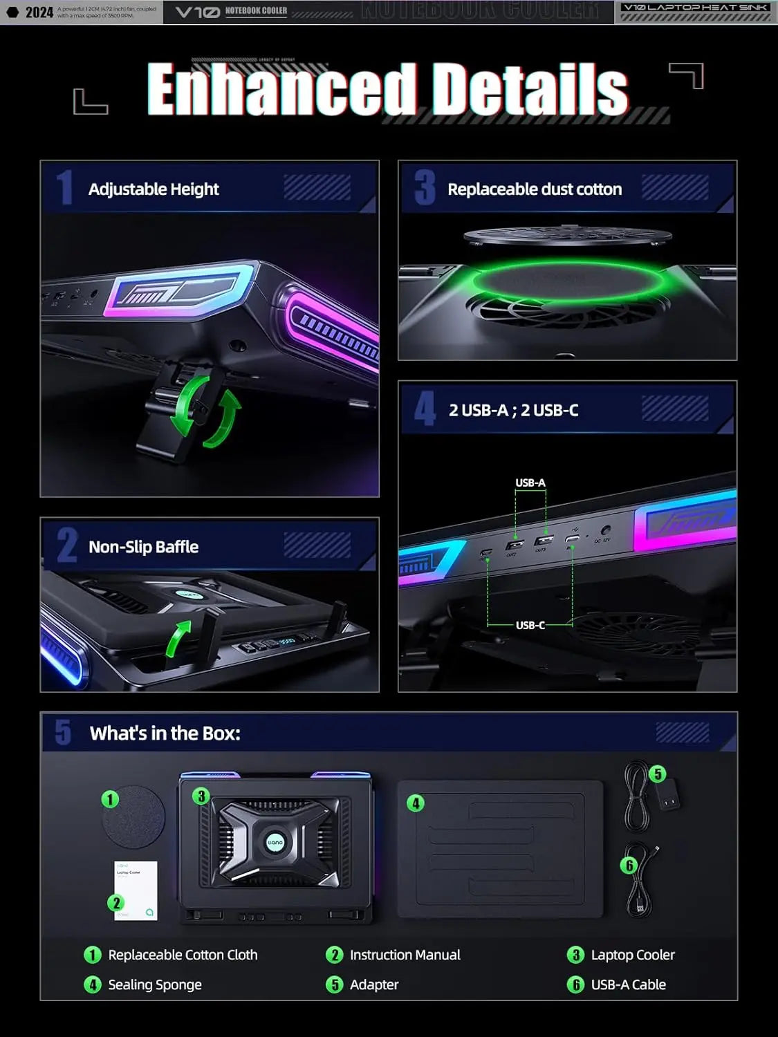 Powerful Laptop Cooling Pad with 4.72" Turbo Fan, RGB, 13-17.3in, 3 Adjustable Stands, USB Hub