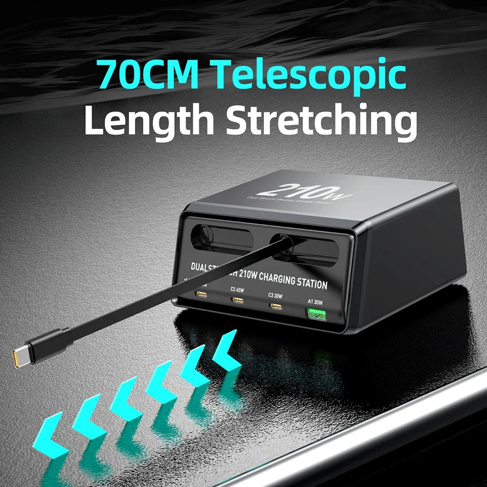 210W GaN Charger PD USB Type C PPS Fast Charging Station with Retractable Cable for iPhone 16 17 Samsung Mobile Phones Tablets