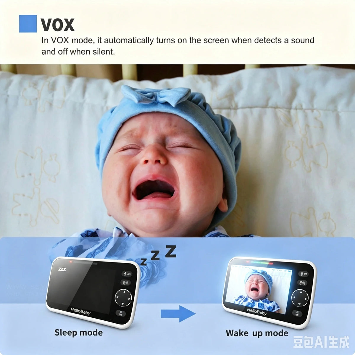 Promotional graphic for a baby monitor showing a crying baby in a blue bonnet, with text explaining the VOX sound-activated screen feature and two monitor views: one in sleep mode and one in wake-up mode.