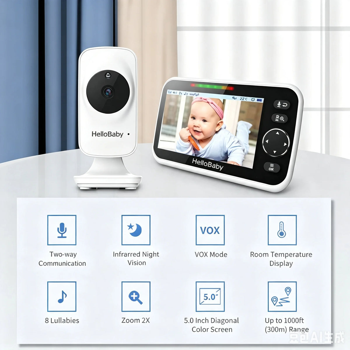 HelloBaby baby monitor set with a white security camera and a white-and-black display screen on a light gray table, with feature icons shown below against a clean interior background.