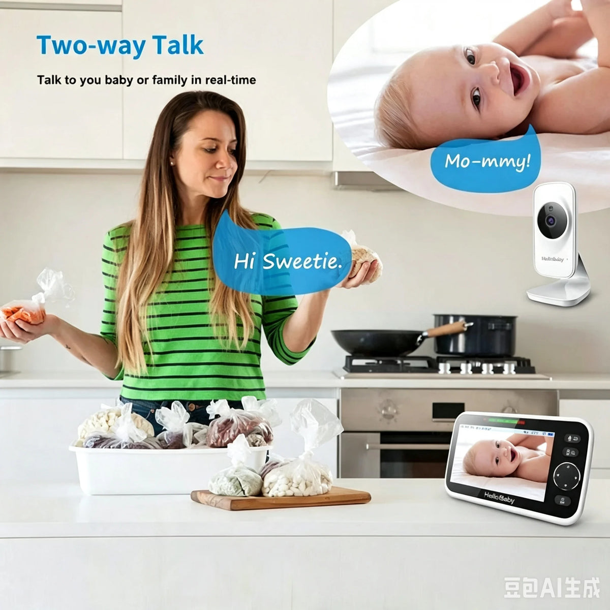A baby video monitor and speaker set shown in a kitchen lifestyle scene with a woman holding food and a baby on a changing pad. The image includes text overlays describing two-way talk and AI features, along with a small inset showing the camera and a larger inset showing the monitor screen.