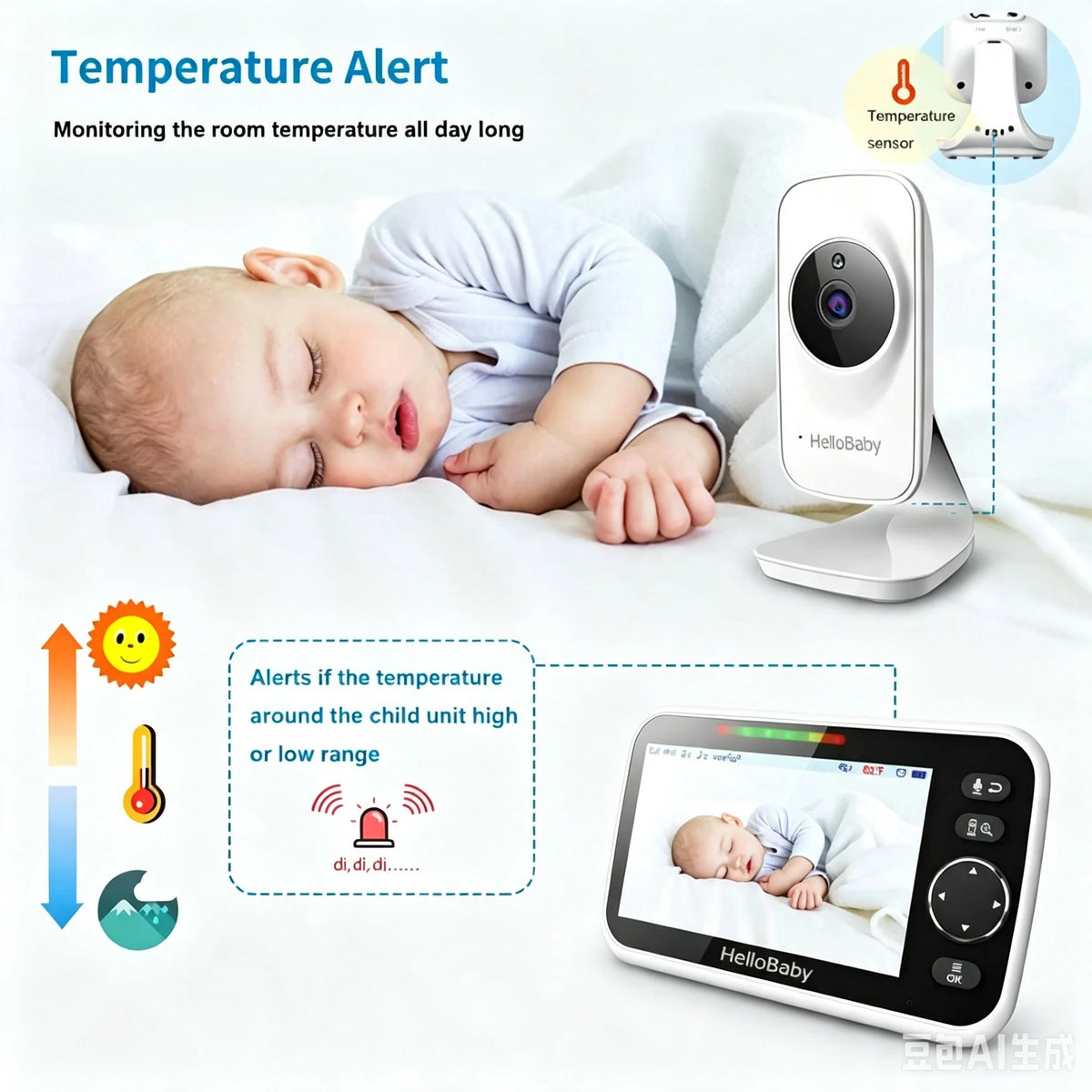 Baby wireless video monitor set with a sleeping baby shown in a bedroom scene, alongside the white security camera, handheld monitor screen, and temperature-alert explanatory graphics on a light background.