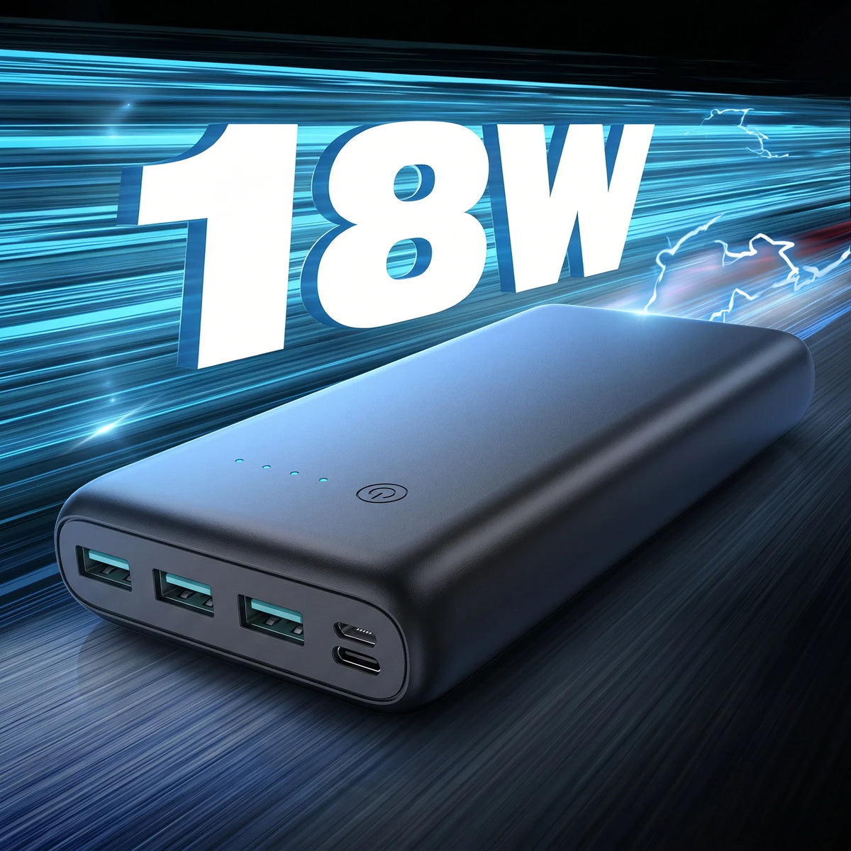 Power bank with multiple USB ports on a dark background with '18W' text