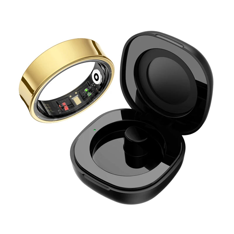 R09 smart health ring in stainless steel finish displayed next to its portable charging case.