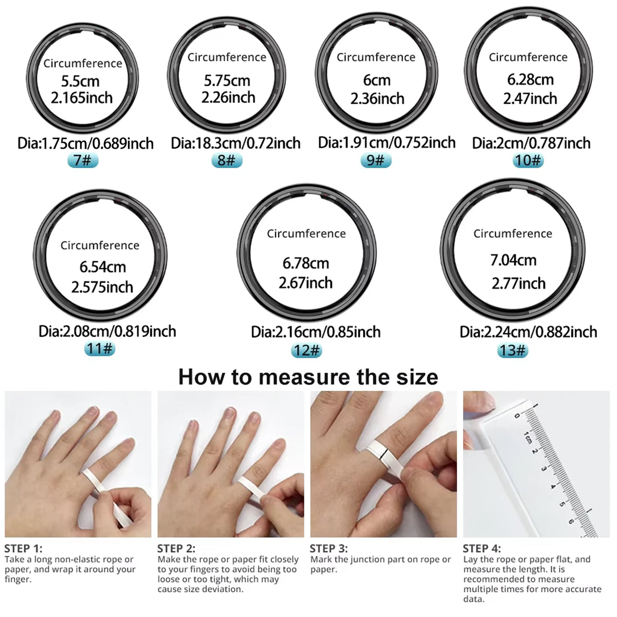 Compact 200mAh portable ring with different available  sizes and how to measure 